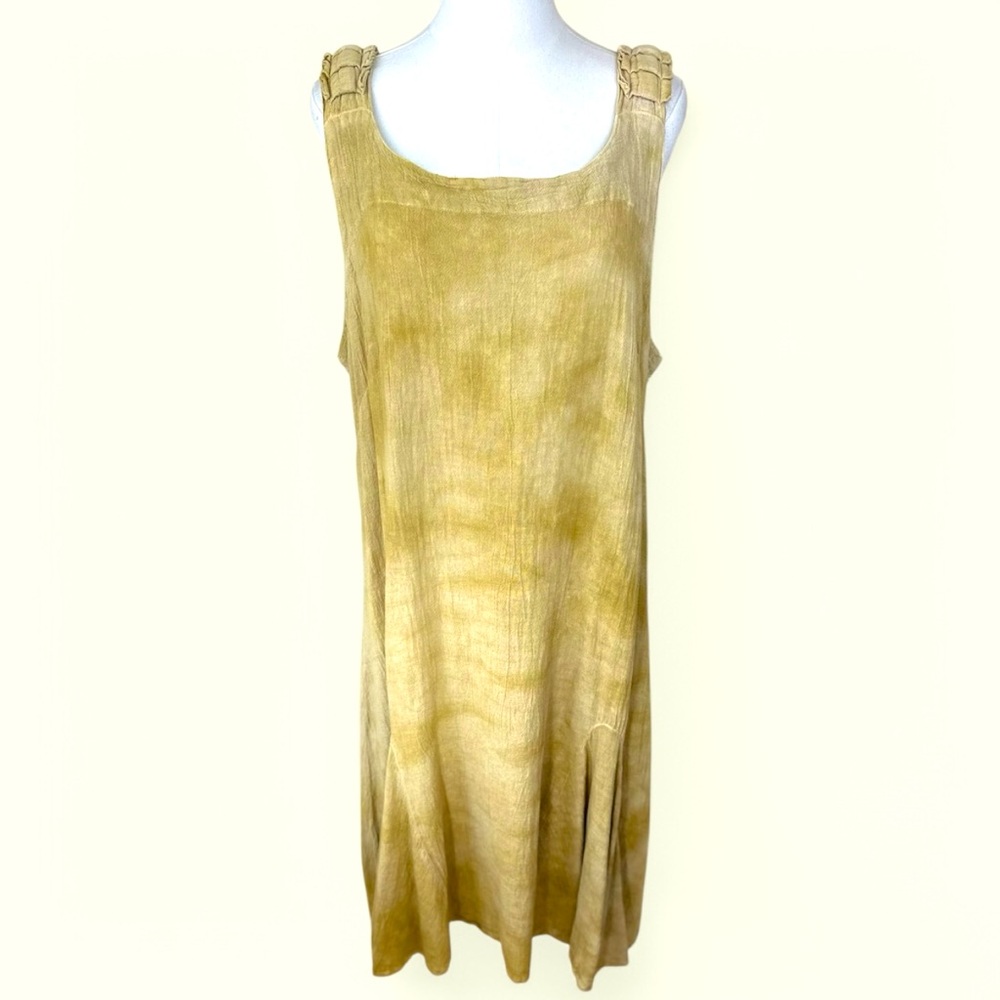 Oh my Gauze! Tie dye‎ in tan cotton size 3 pleaded strap flounce tank midi dress